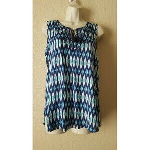 NYDJ Embroidered Print Tank Top Tassel Sleeveless Blue White XS New
